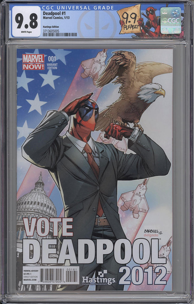 
            
                Load image into Gallery viewer, Deadpool #1 CGC 9.8 Carlo Barberi Hastings 2012 Election Variant
            
        